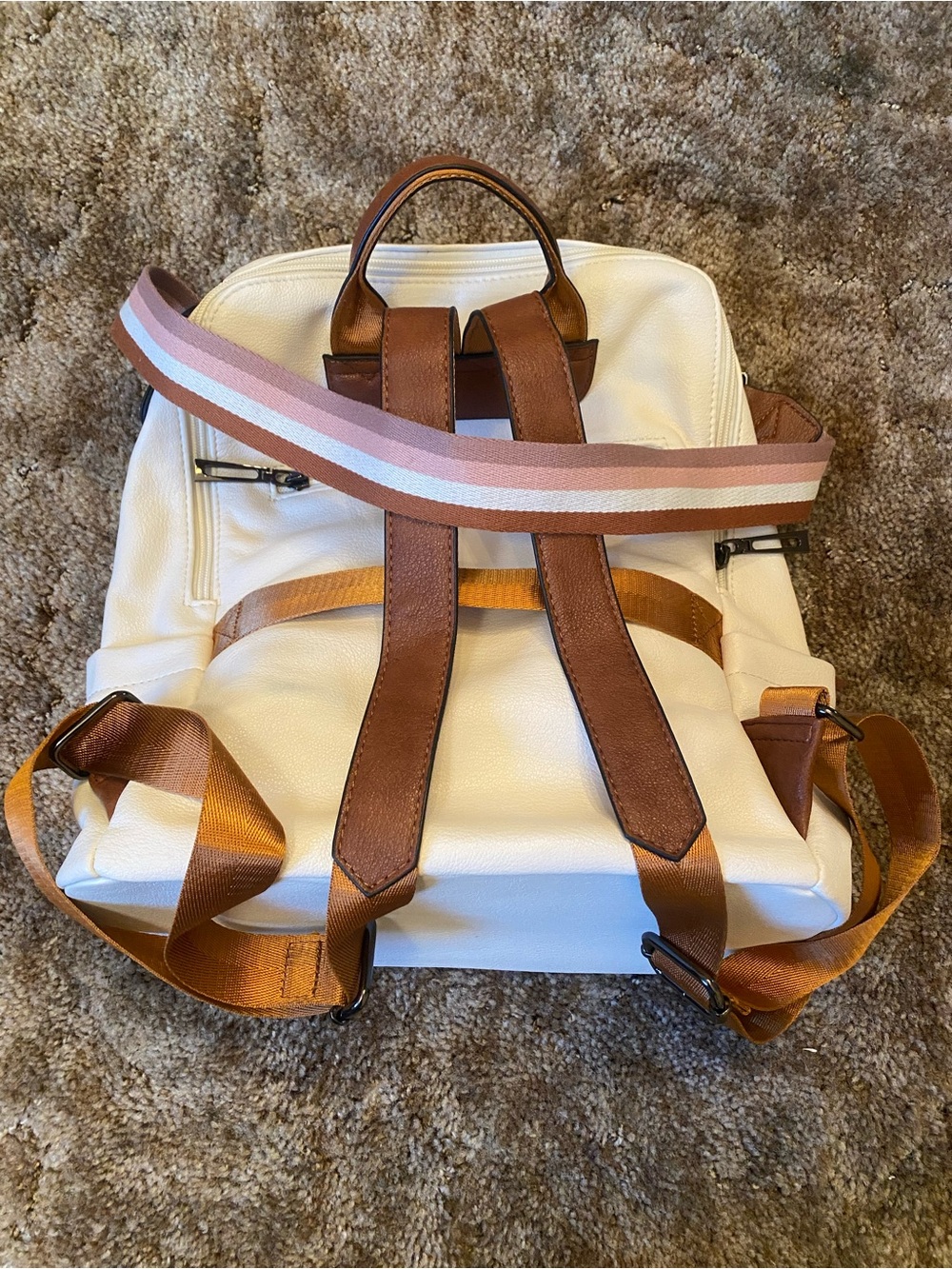 Cream & Tan Leather Backpack with Striped Accent Strap with Wallet 2 Piece - Picture 4 of 8